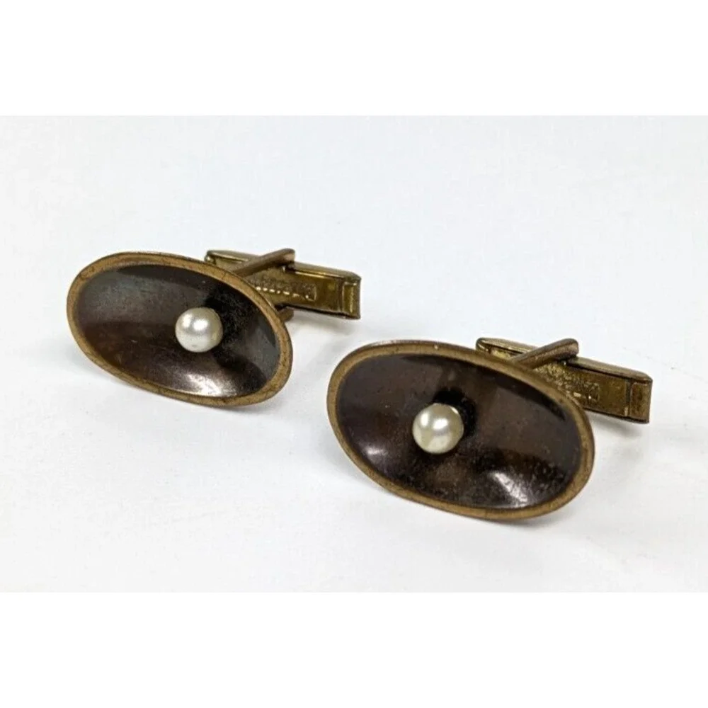 Vintage Brass Mid Century Modern MCM White Faux Pearl Oval Men's Cufflinks